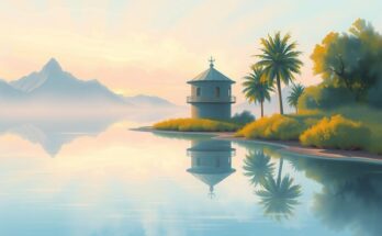 Serene landscape with calming elements, featuring soft pastels and a tranquil atmosphere.