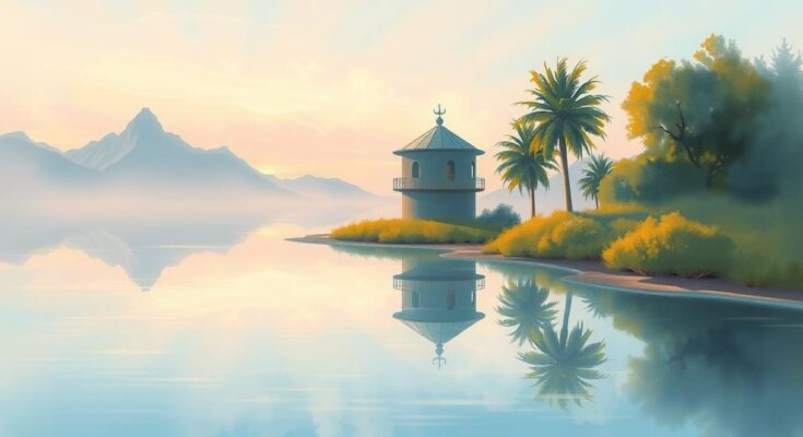 Serene landscape with calming elements, featuring soft pastels and a tranquil atmosphere.