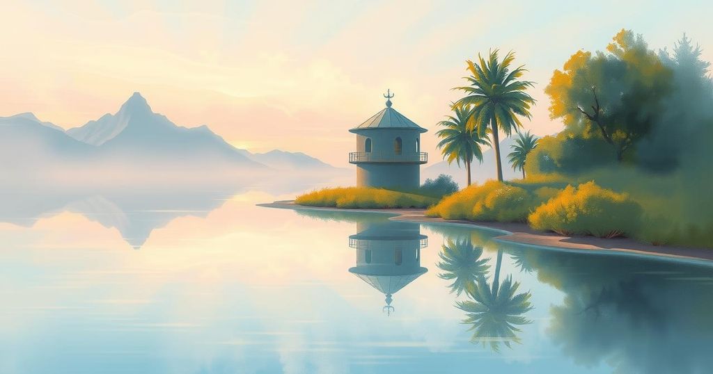 Serene landscape with calming elements, featuring soft pastels and a tranquil atmosphere.