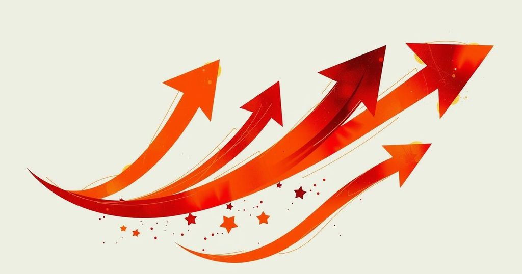 A vibrant abstract representation of growth with dynamic upward arrows and fiery colours, symbolizing optimism in career and love.