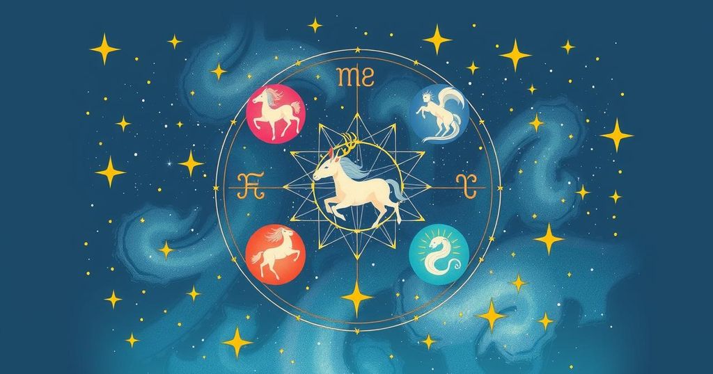 Astrological symbols representing zodiac signs surrounded by stars and celestial elements in pastel colours.