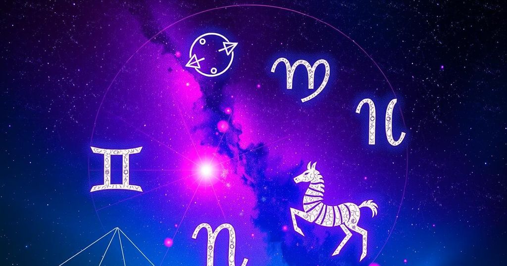 Astrology horoscope for May weekend with zodiac symbols, starry night sky, and celestial elements.