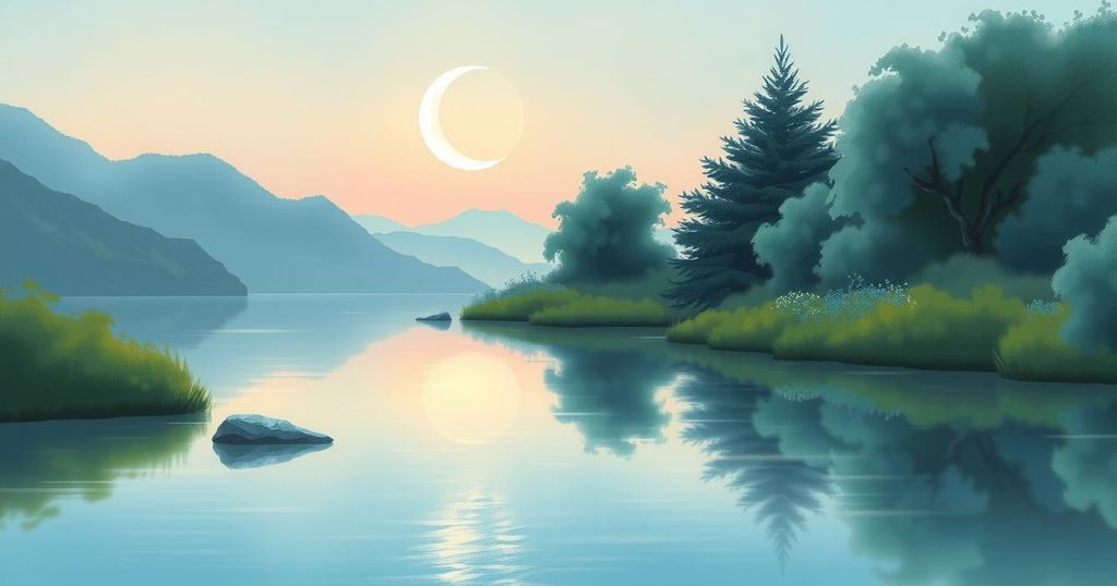 A serene landscape featuring a silver crescent moon reflecting on calm water, symbolizing peace and happiness for Libra.
