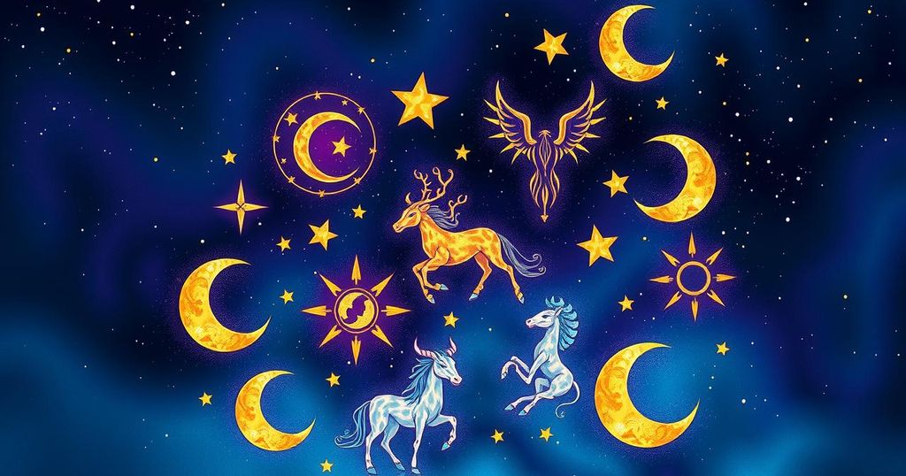 Astrological symbols in vibrant colours with a starry background representing daily horoscope insights.