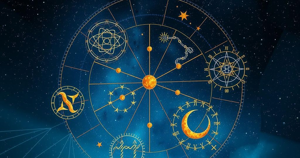 Starry night sky with zodiac constellations, a cosmic calculator, and celestial elements for astrology themes.
