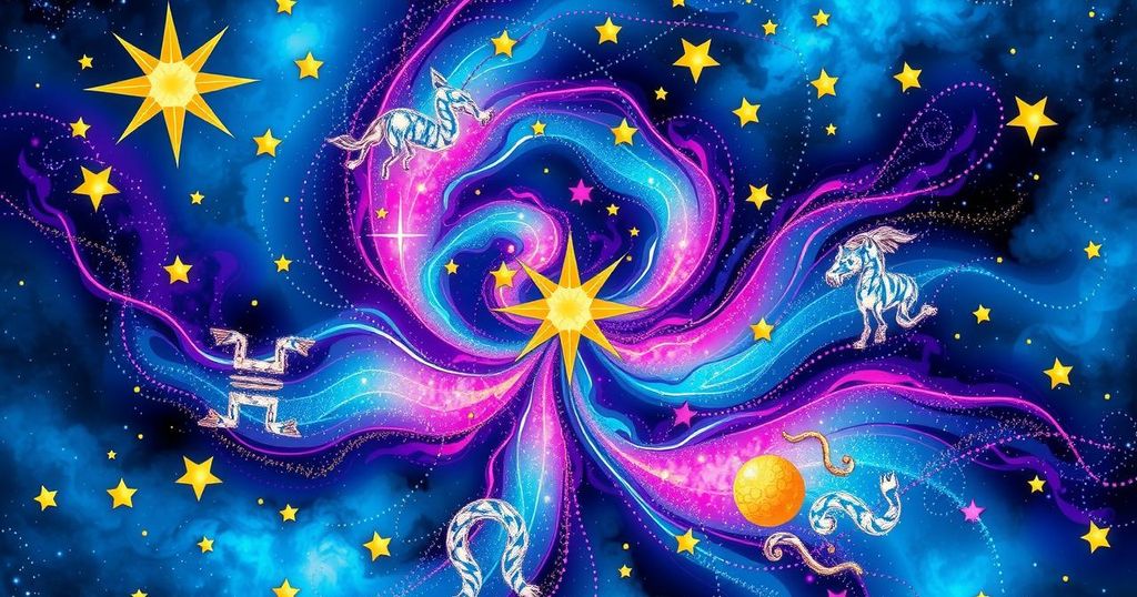Vibrant cosmic scene with zodiac symbols and celestial elements, evoking astrology and balance in life.