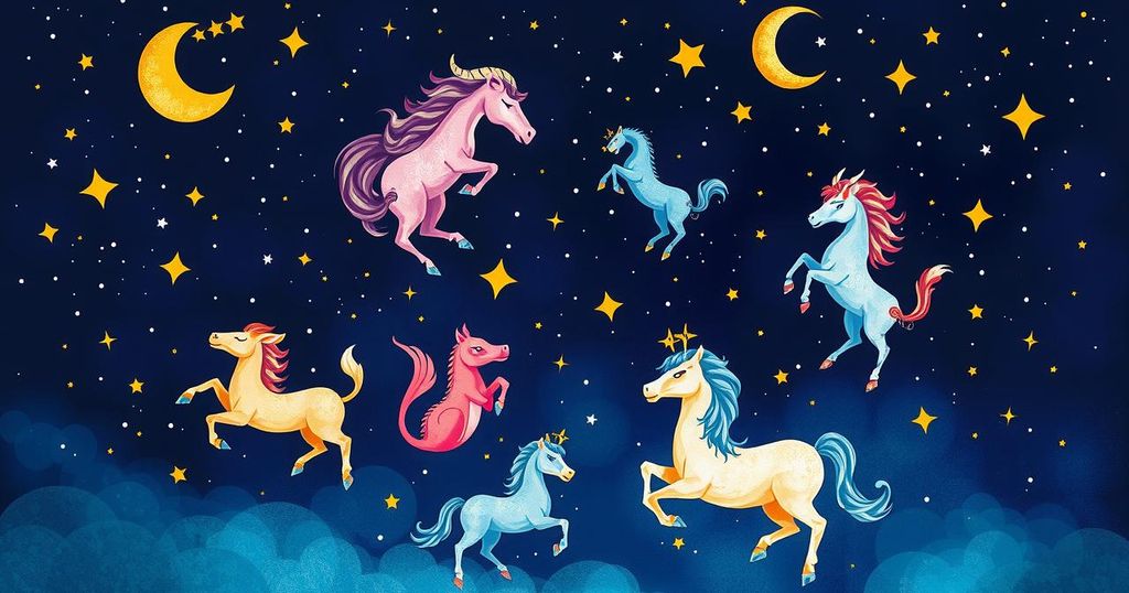 Astrology-themed illustration of zodiac signs with colourful constellations, stars, and a beautiful night sky.