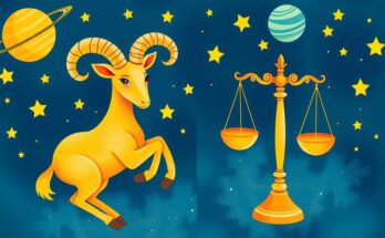 Illustration of zodiac signs with a vibrant background showcasing Aries and Libra in harmony.
