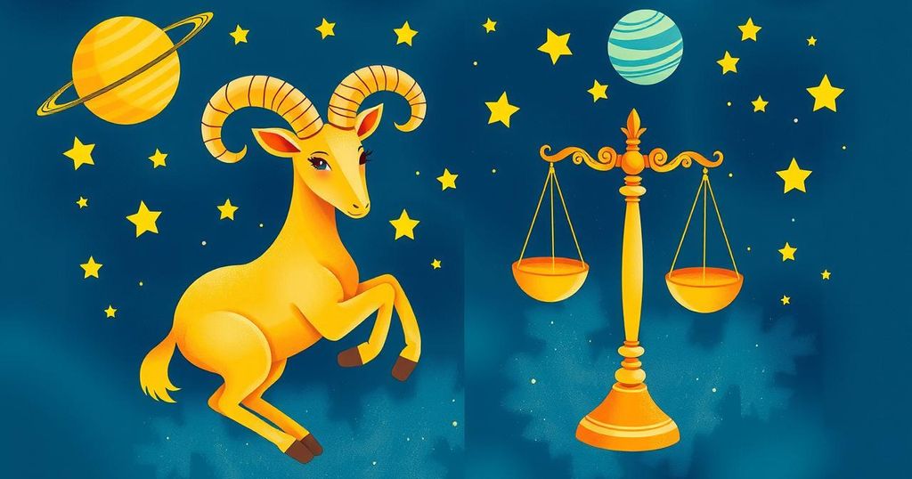Illustration of zodiac signs with a vibrant background showcasing Aries and Libra in harmony.