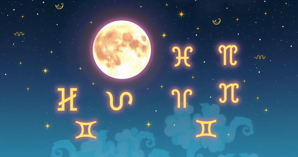 Astrological symbols with constellations under a luminous full moon, showcasing zodiac signs in a celestial theme.