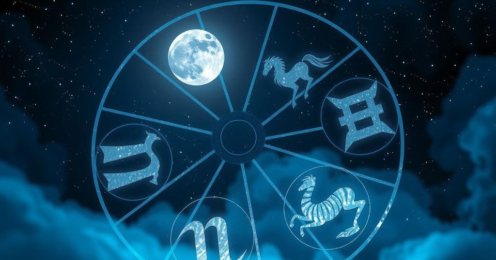 Astrological symbols against a cosmic background, showcasing zodiac signs under a quarter moon in Gemini.