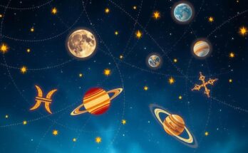A mystical cosmic scene featuring stars, planets, and astrological symbols in vibrant blue and gold hues.