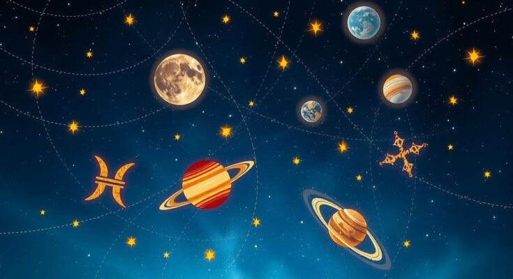 A mystical cosmic scene featuring stars, planets, and astrological symbols in vibrant blue and gold hues.