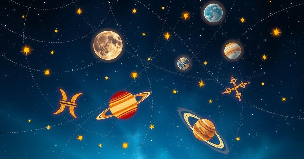 A mystical cosmic scene featuring stars, planets, and astrological symbols in vibrant blue and gold hues.