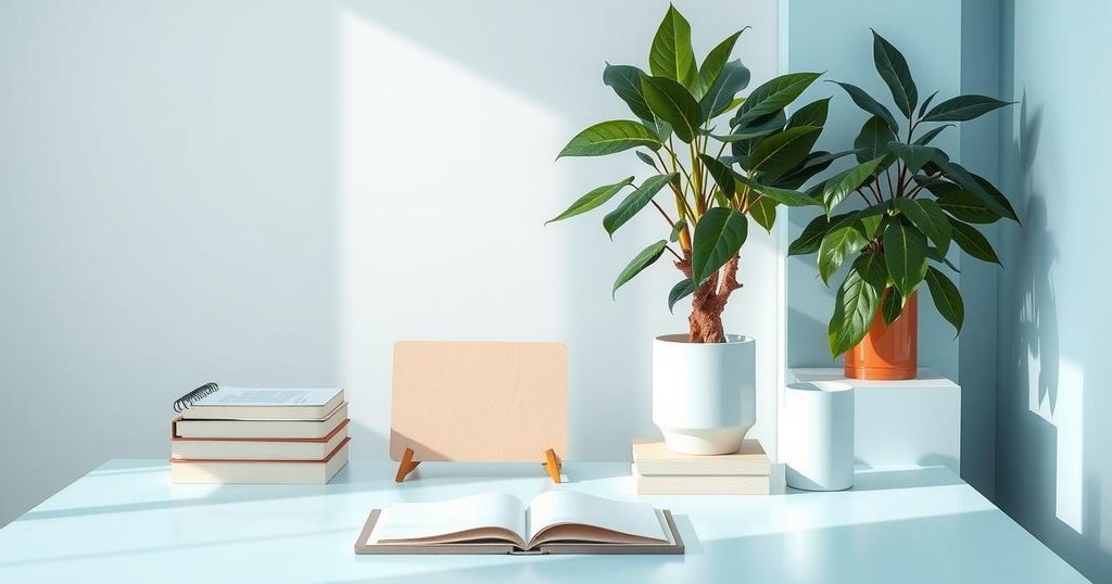 A serene office space with a desk, plant, and light blue decor reflecting productivity and calmness for Sagittarius.