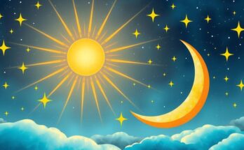 A celestial scene with a glowing sun and moon, stars twinkling, representing a vibrant astrological alignment.