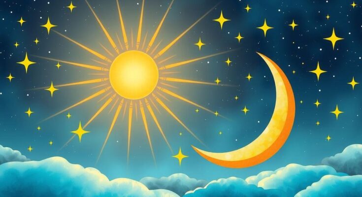 A celestial scene with a glowing sun and moon, stars twinkling, representing a vibrant astrological alignment.