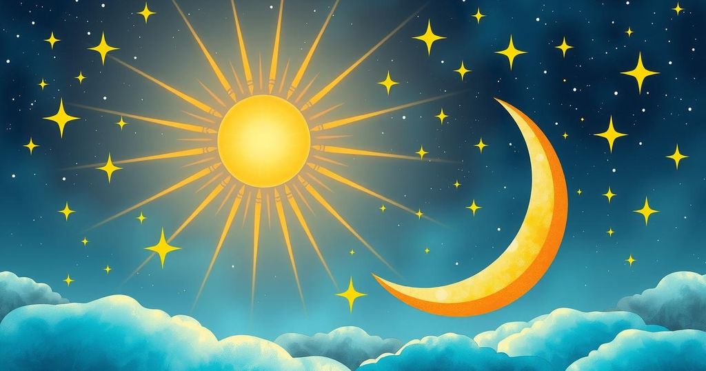 A celestial scene with a glowing sun and moon, stars twinkling, representing a vibrant astrological alignment.