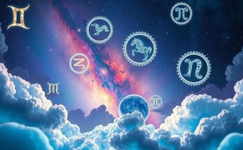 A celestial background depicting zodiac symbols and constellations against a dreamy cosmic landscape in vibrant colours.