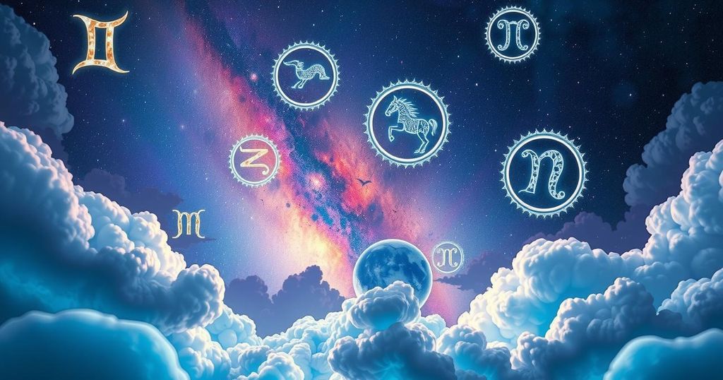 A celestial background depicting zodiac symbols and constellations against a dreamy cosmic landscape in vibrant colours.
