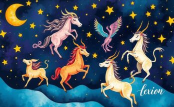 A whimsical representation of zodiac signs with vibrant colours and celestial motifs in a contemporary style.