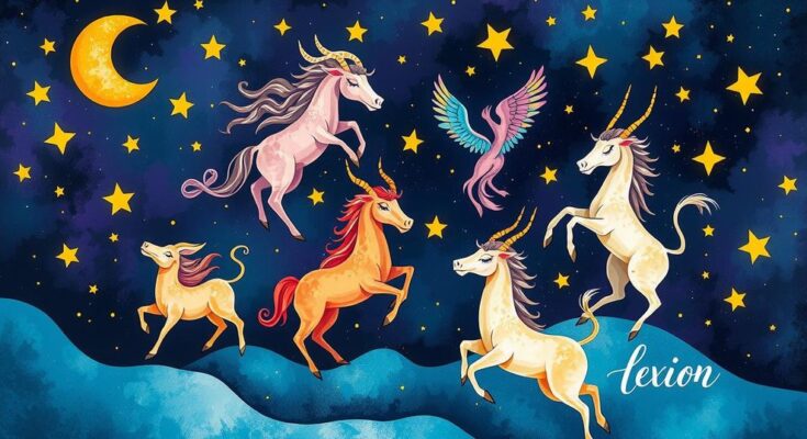 A whimsical representation of zodiac signs with vibrant colours and celestial motifs in a contemporary style.