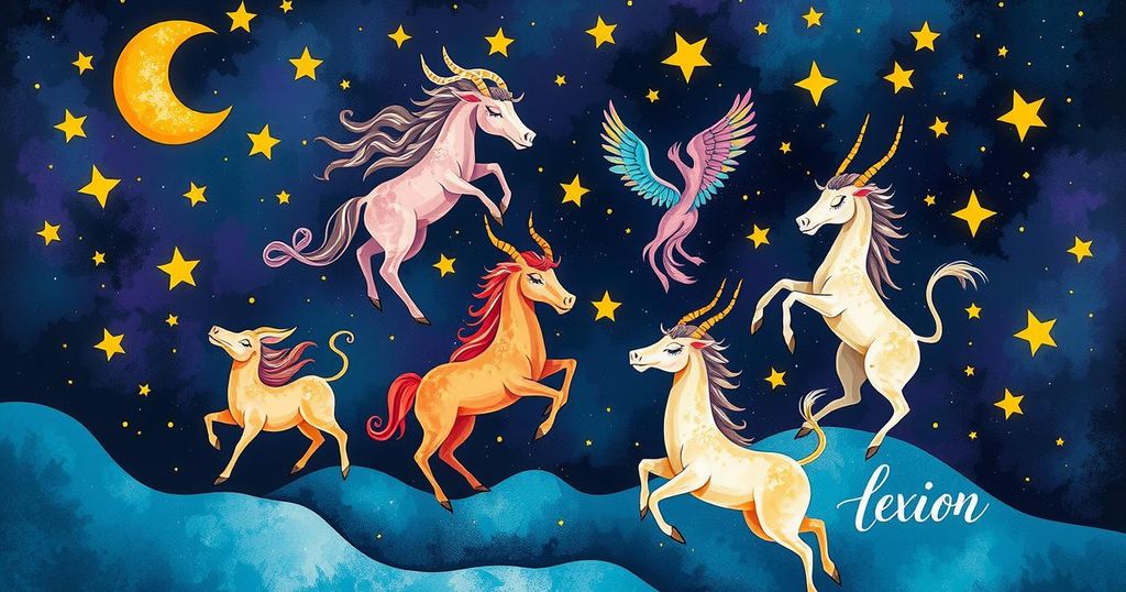 A whimsical representation of zodiac signs with vibrant colours and celestial motifs in a contemporary style.