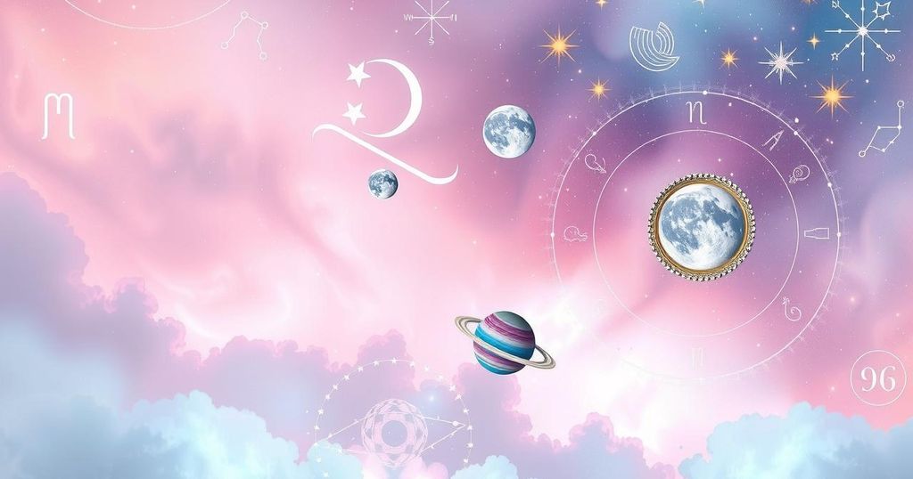 A celestial scene with zodiac symbols, constellations, and planetary orbits in a dreamy pastel colour scheme.