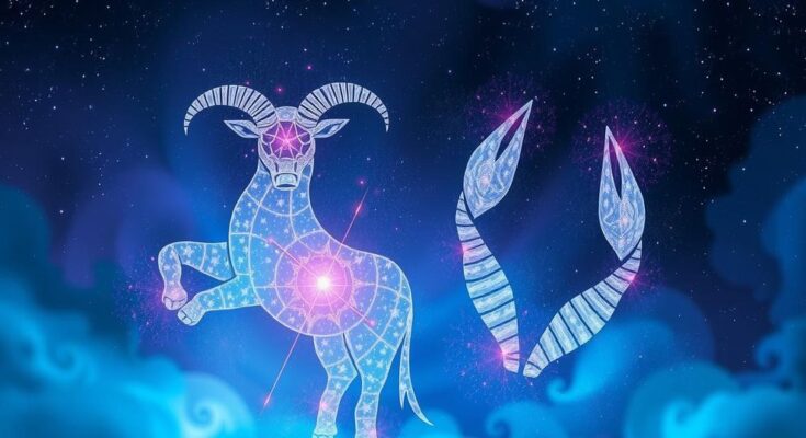 Astrological theme with symbols of Taurus and Cancer in a cosmic backdrop of stars and planets, featuring gentle colours.