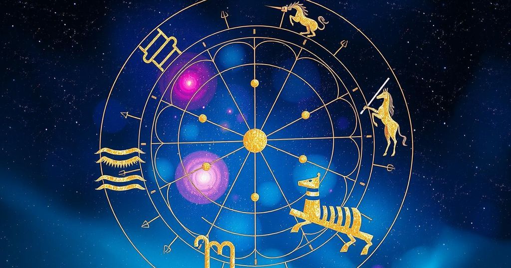 A cosmic scene depicting zodiac symbols against a starry background with vibrant colours reflecting astrological themes.