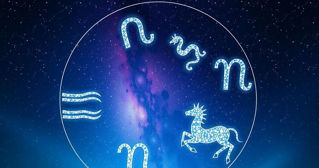 A celestial scene with astrological symbols against a starry night sky, featuring soft hues of blue and purple.