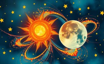 Astrological iconography with celestial bodies, vibrant colours, and abstract patterns representing energy and connection.