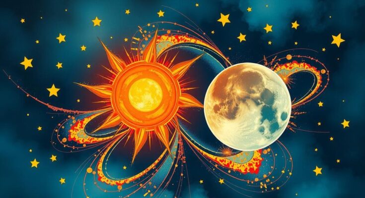 Astrological iconography with celestial bodies, vibrant colours, and abstract patterns representing energy and connection.