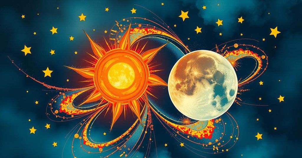 Astrological iconography with celestial bodies, vibrant colours, and abstract patterns representing energy and connection.