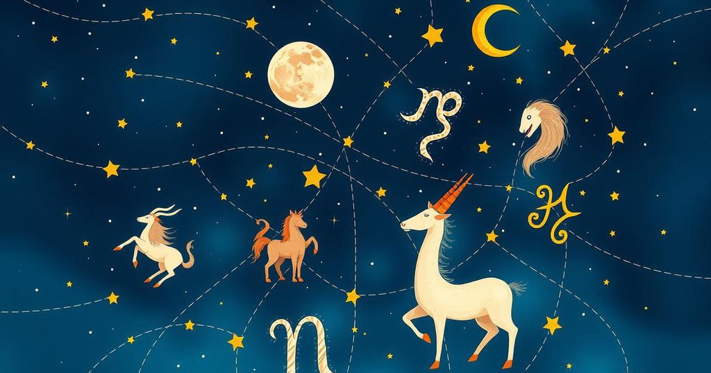 Celestial illustration depicting zodiac signs and astrological symbols against a starry background in deep blue hues.