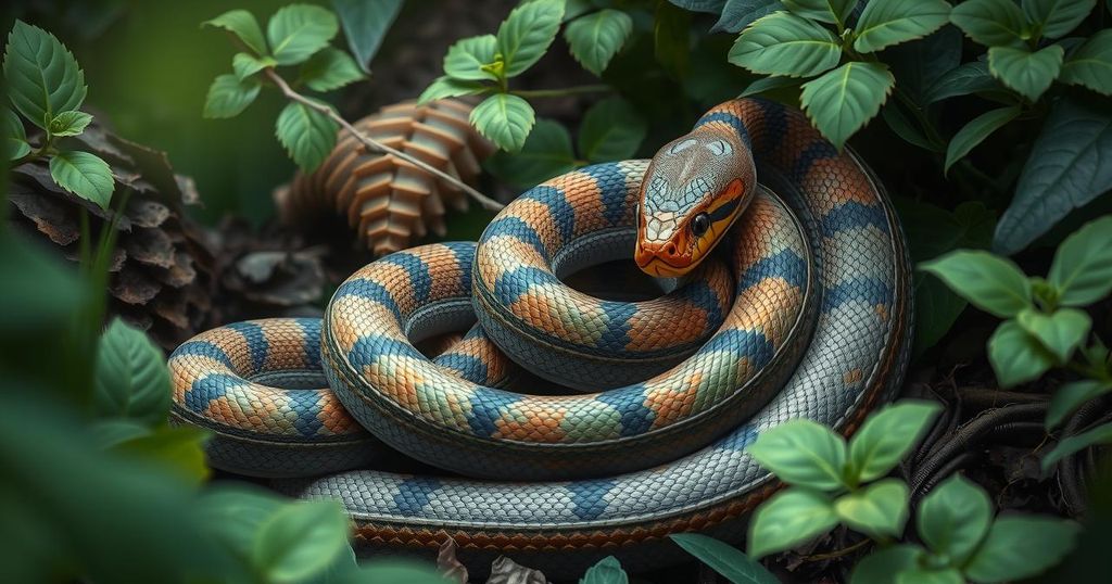 A tranquil nature scene with a snake coiled peacefully among vibrant foliage, embodying calm and reflection.