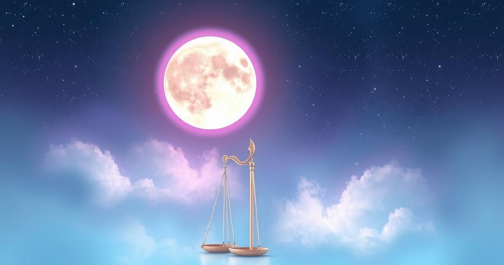 Celestial symbolisation of Aries and Libra under a full moon with a cosmic backdrop, focusing on relationships.