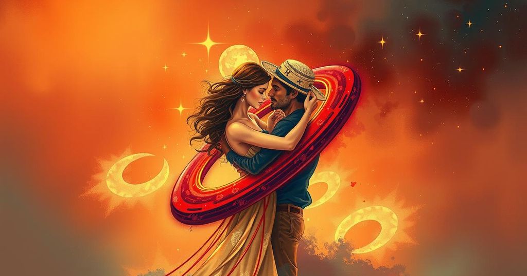 Celestial scene with planets Venus and Mars in harmony, surrounded by vibrant, warm colours of fire signs, symbolising love.