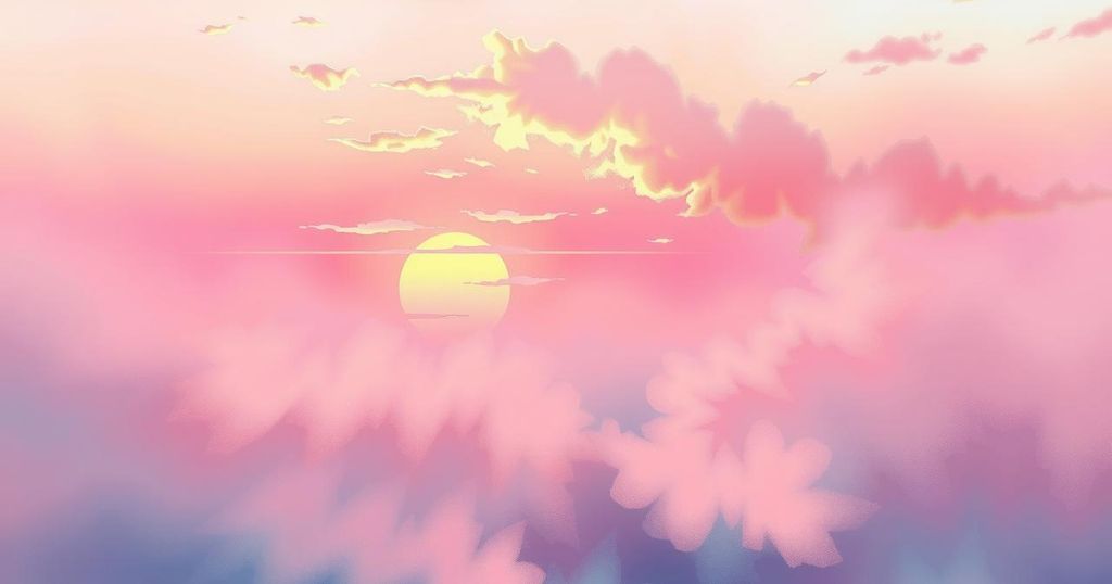 A dreamy sunset with soft pastel colours, symbolizing creativity and romance, in a serene landscape.