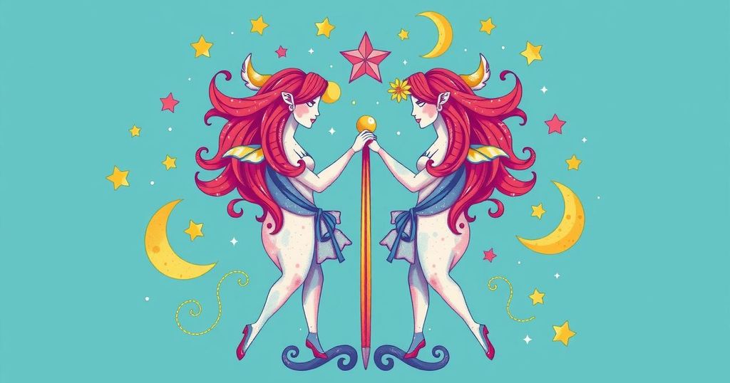 A colourful astrological illustration featuring zodiac signs and celestial elements symbolising Gemini traits and opportunities.