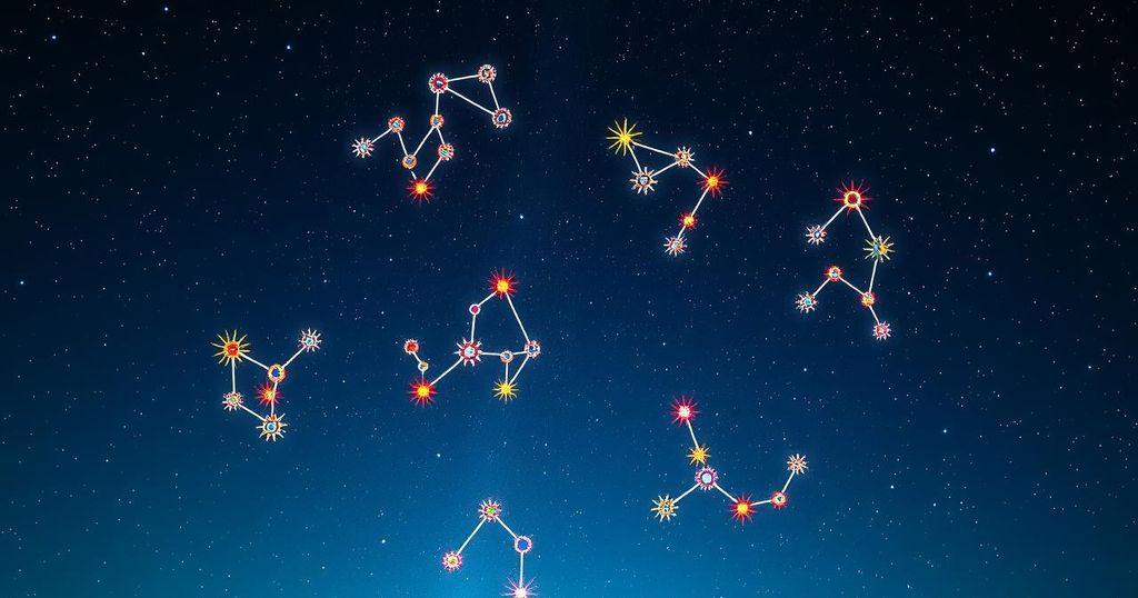 Starry night sky with twelve constellations representing each zodiac sign, vibrant colours and celestial elements.