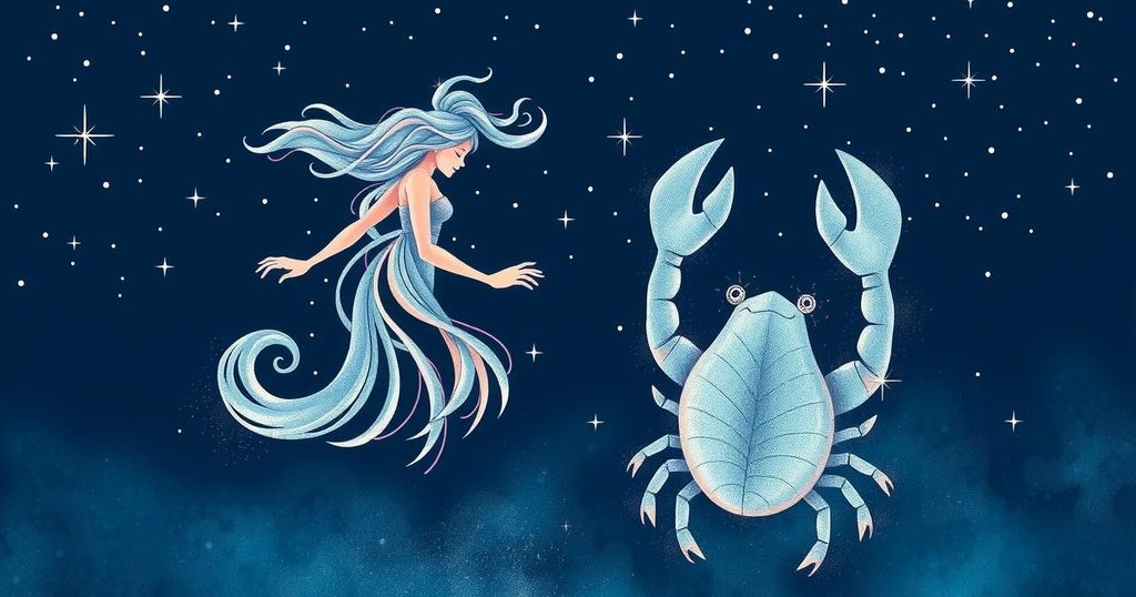 A celestial illustration featuring the astrological signs of Gemini and Cancer, with stars and harmonious colours.