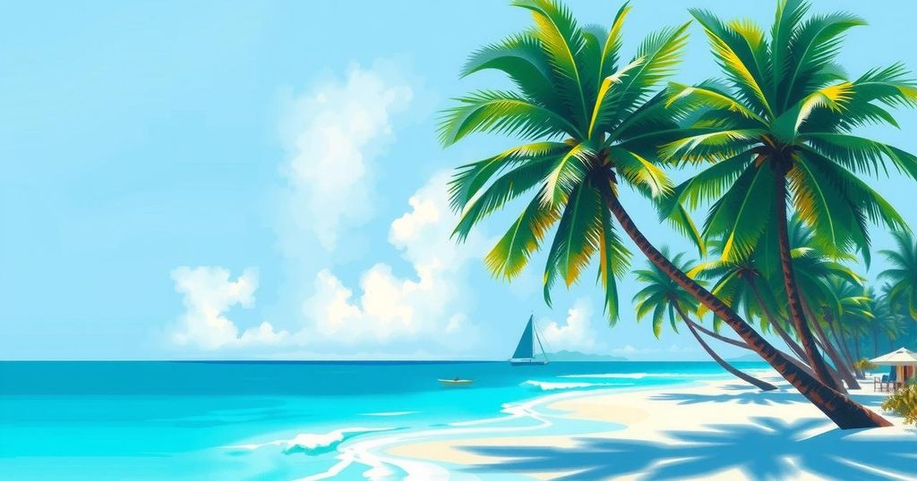 Tropical beach scene in Palm Beach with palm trees and a clear blue sky, evoking a relaxing vibe for horoscopes.