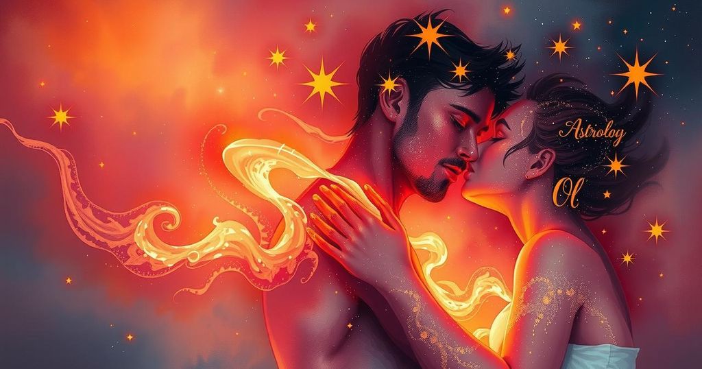 A vibrant cosmic scene depicting fiery stars representing romance and passion in astrology, with soft glowing colours.