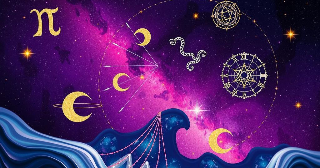 Astrology symbols and zodiac constellations with a cosmic background in purple and gold tones.