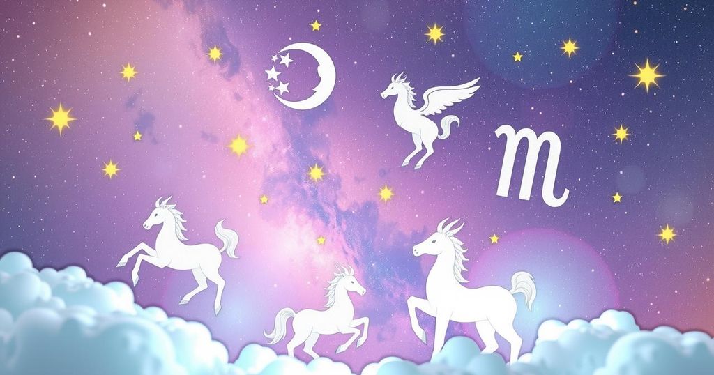 A celestial themed illustration featuring zodiac signs over a cosmic background with stars and planets in soothing colours.