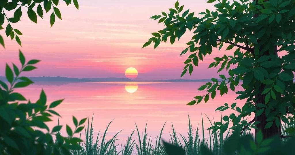 A serene nature scene with a peaceful sunset sky, symbolizing reflection and spiritual connection in a tranquil landscape.