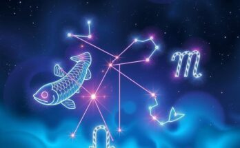 A celestial scene featuring constellations representing Pisces and Gemini in vibrant blues and purples.