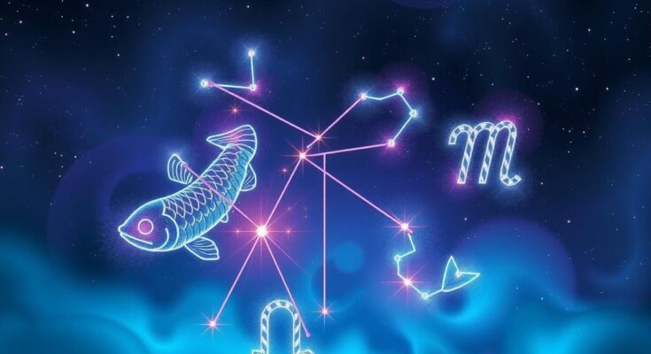 A celestial scene featuring constellations representing Pisces and Gemini in vibrant blues and purples.
