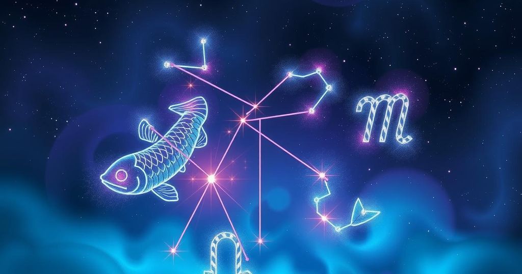A celestial scene featuring constellations representing Pisces and Gemini in vibrant blues and purples.